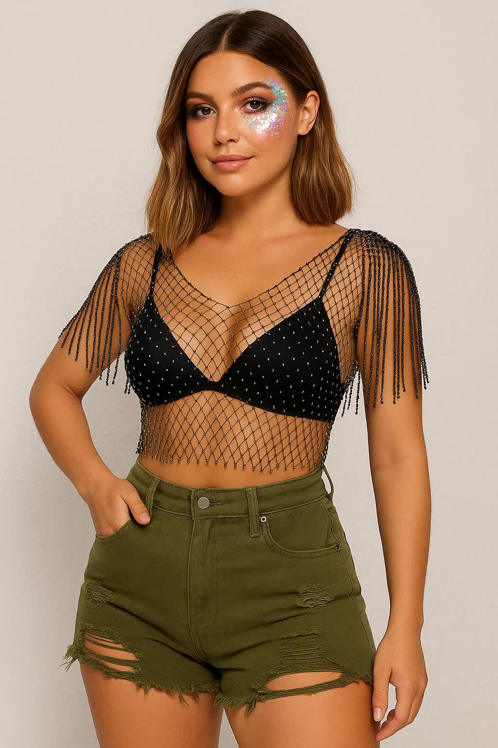Netzshirt mit Strass – Glitzer Oberteil