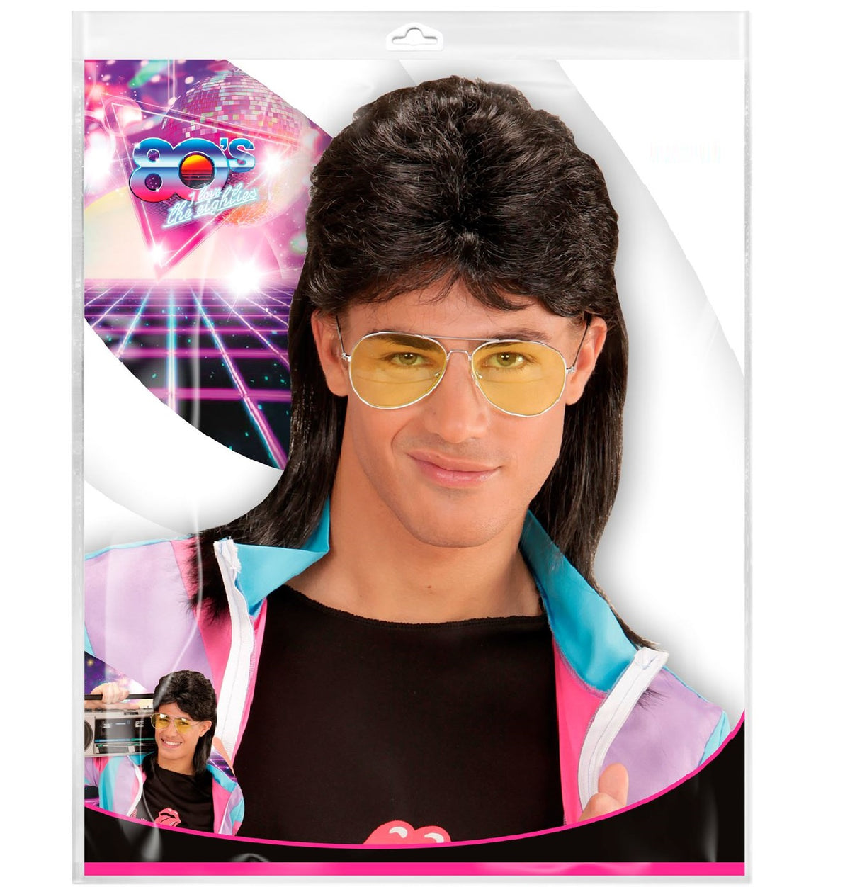 Vokuhila Perücke mit Brille – 80er Set