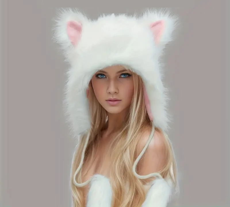 Katzenmütze flauschig – Plüschmütze für Halloween