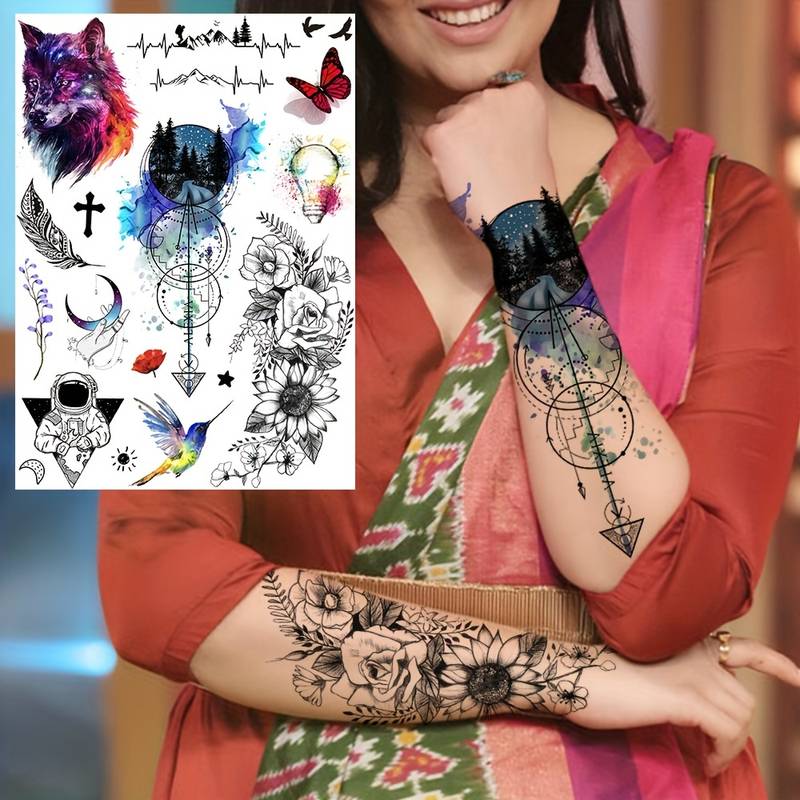 Grosse Tattoos - 1 Blatt mit Totenkopf, Guns n Roses, Wolf, Auge