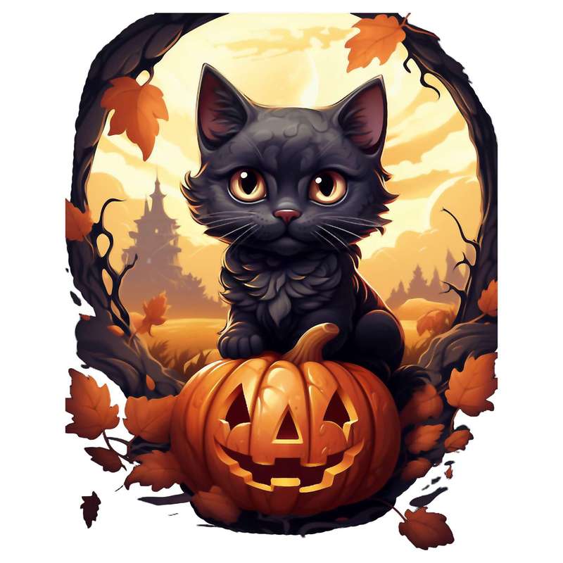 Hexenkatze mit Kürbissen – Halloween