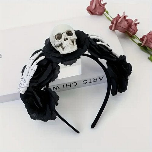 Blumen Haarreif mit Totenkopf & Skeletthänden