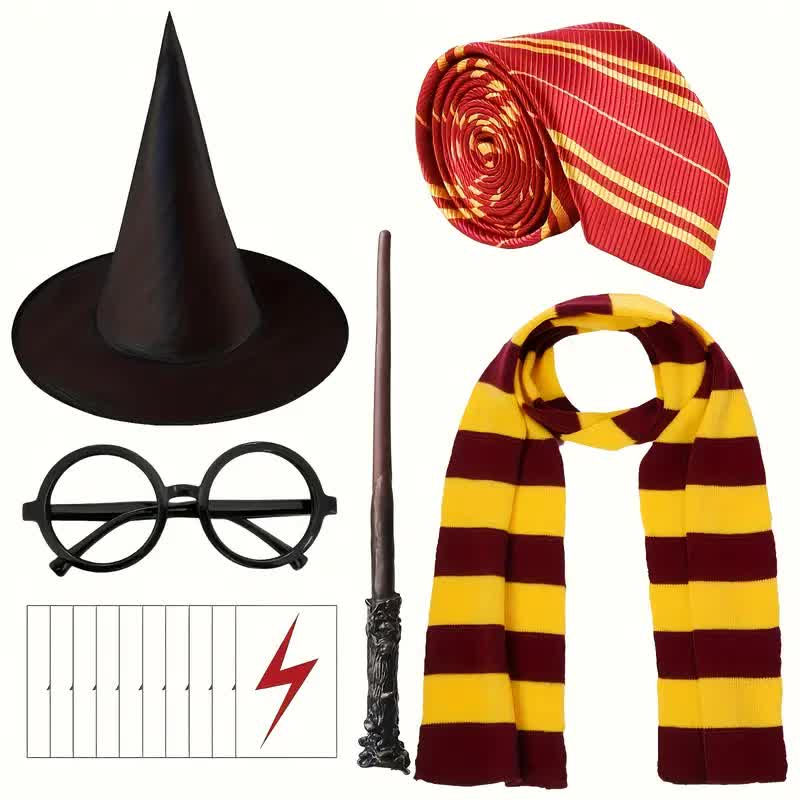 Harry Potter Set mit Schal, Krawatte, Zauberhut, Brille & Zauberstab
