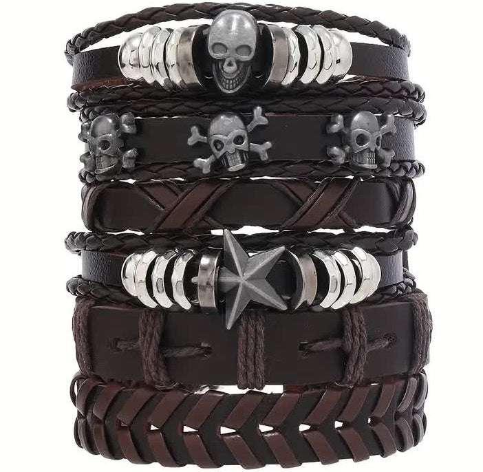 Rocker Armbänder 6 Stück mit Totenkopf