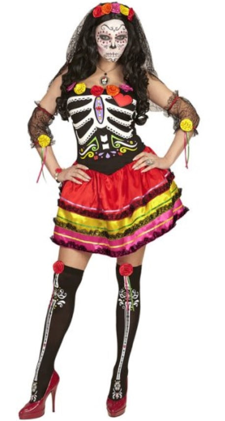 La Catrina Kostüm mit Strümpfen und Haarschmuck