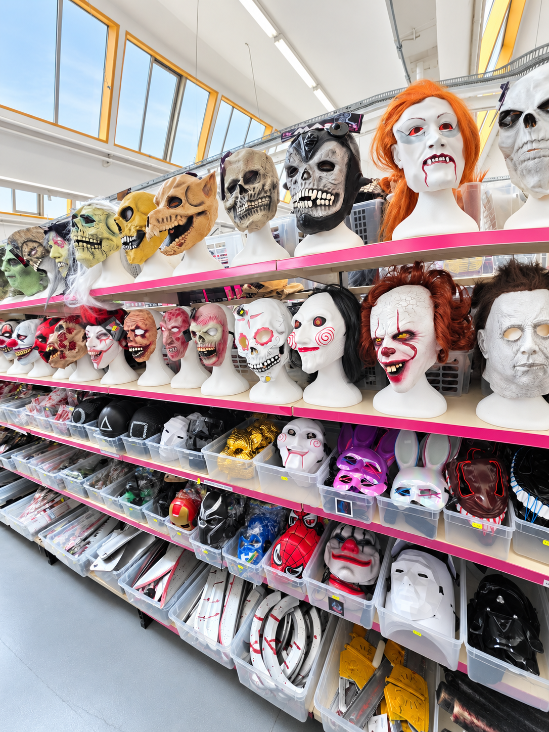 Regal mit Horror- und Fasnachtsmasken zum Anprobieren