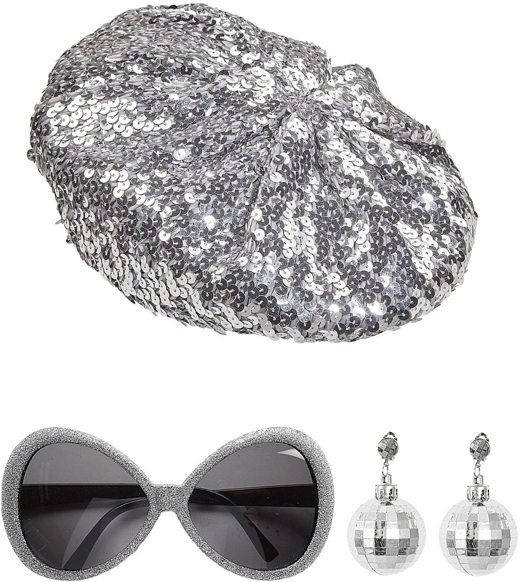 Disco Fever Set – Pailletten Mütze, Brille & Ohrringe