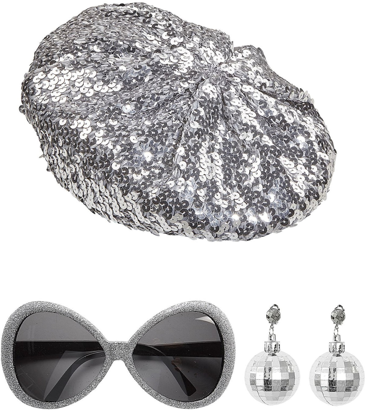 Disco Fever Set – Pailletten Mütze, Brille & Ohrringe