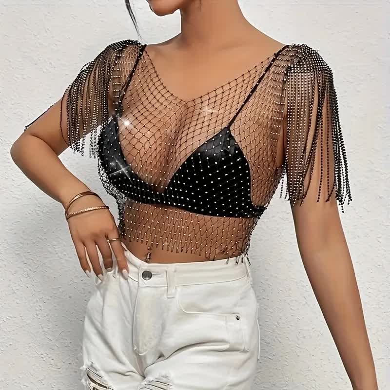 Netzshirt mit Strass – Glitzer Oberteil