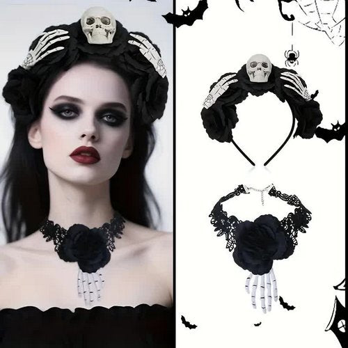 Grusel Halskette mit Rose und Skeletthand