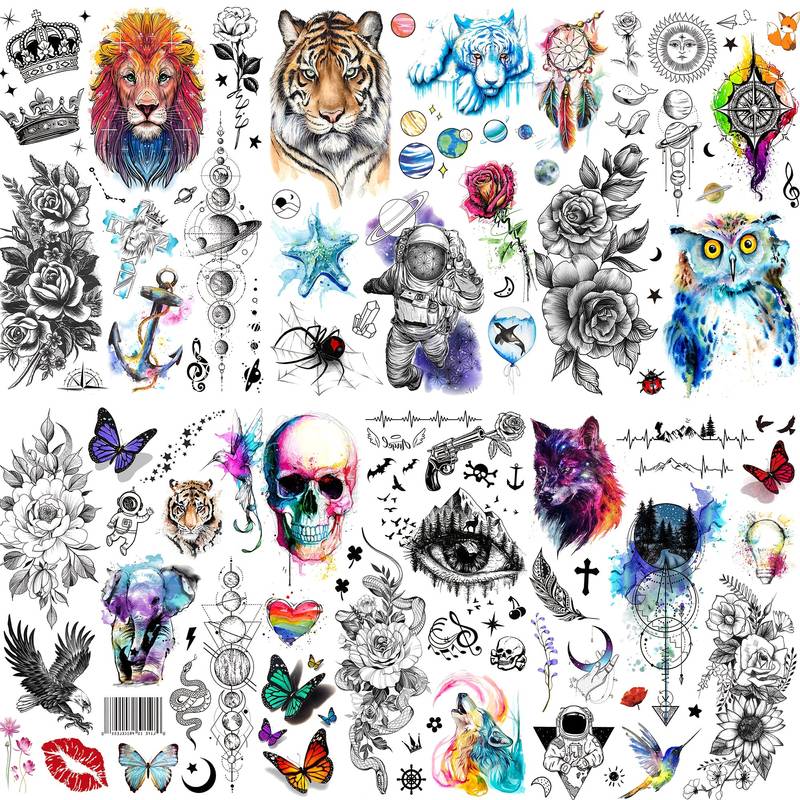 Grosse Tattoos - 1 Blatt mit Totenkopf, Guns n Roses, Wolf, Auge