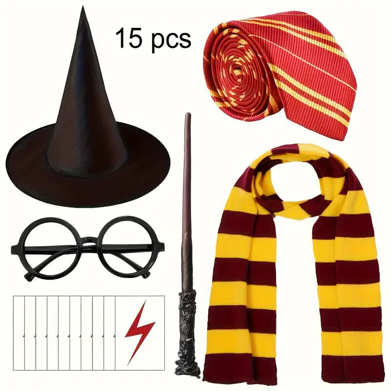 Harry Potter Set mit Schal, Krawatte, Zauberhut, Brille & Zauberstab