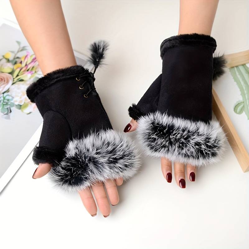 Winterhandschuhe Plüsch mit Kunstfellbesatz