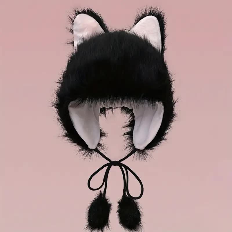 Katzenmütze flauschig – Plüschmütze für Halloween