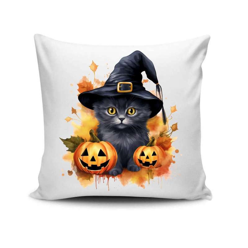 Bügelbild Katze mit Hexenhut & Kürbissen