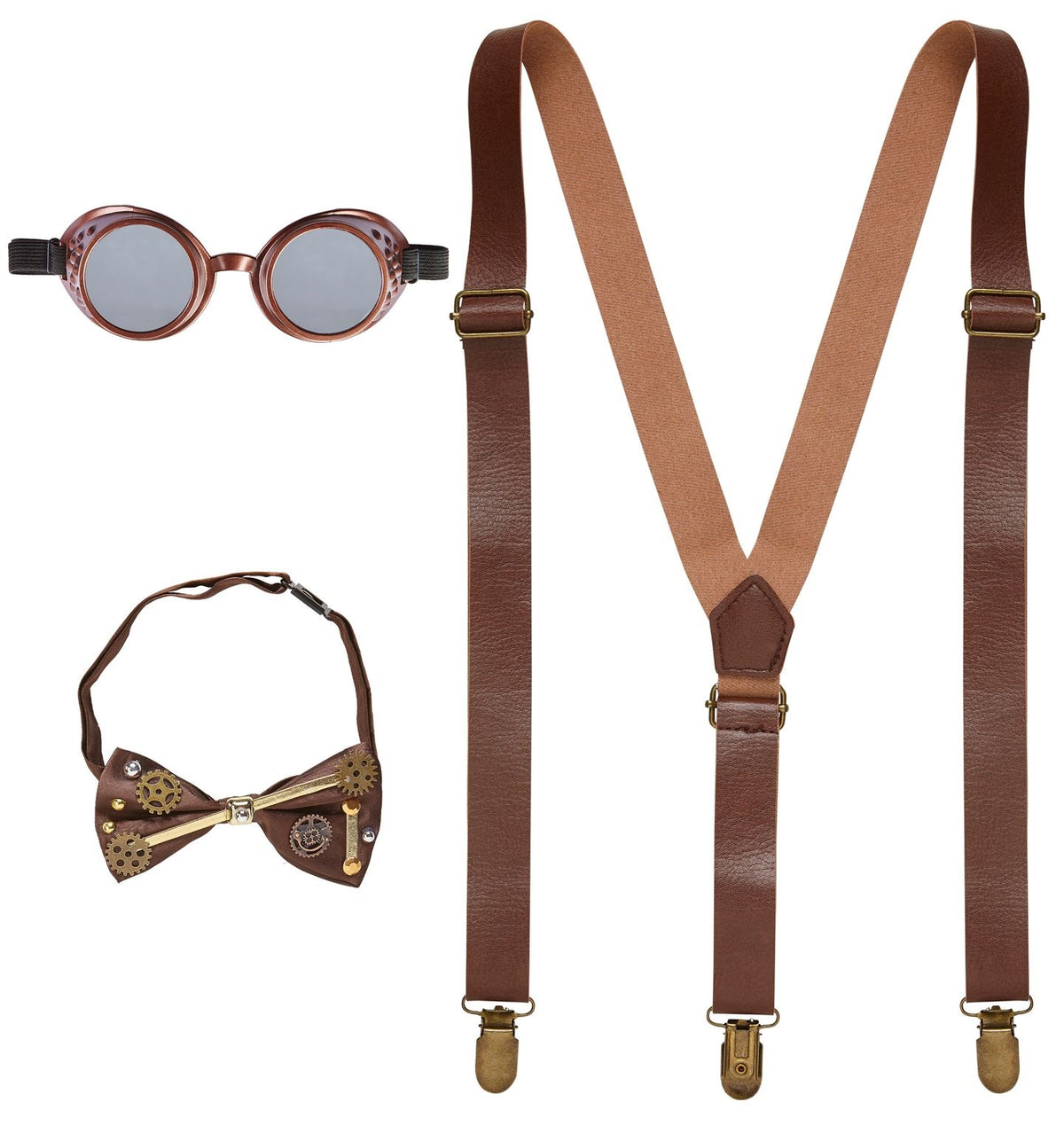 Steampunk Set mit Brille, Hosenträgern und Fliege